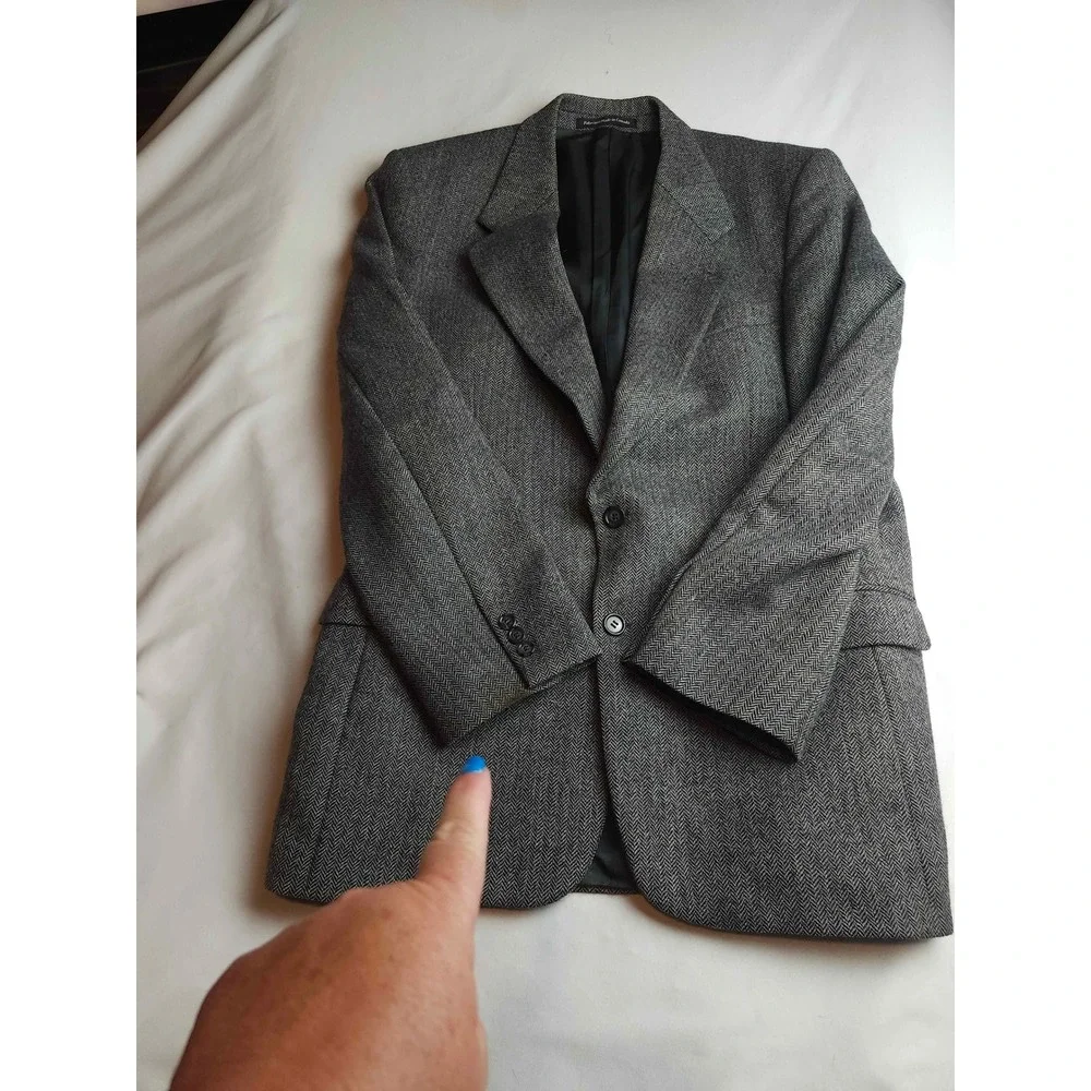 Mens Vtg Pure Virgin Wool Herringbone Blazer Grey Made in Canada Sport Coat 42R